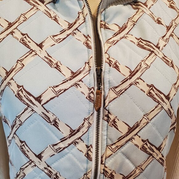 J. McLaughlin SZ L Quilted Silk Bamboo Print Sweater Jacket in Cream & Blue - Picture 3 of 9